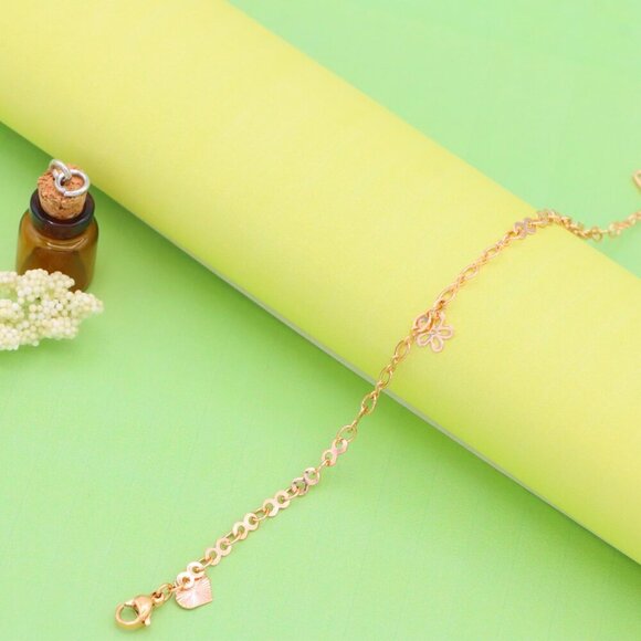 "Rose Gold Charm Anklet with Floral, Leaf & Square Link Accents, XPAL1045 - Picture 6 of 12